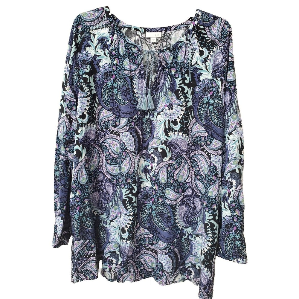 J Jill Women's Rayon Purple Paisley Long-Sleeve Tie-Neck Tunic w/Tassels Size L